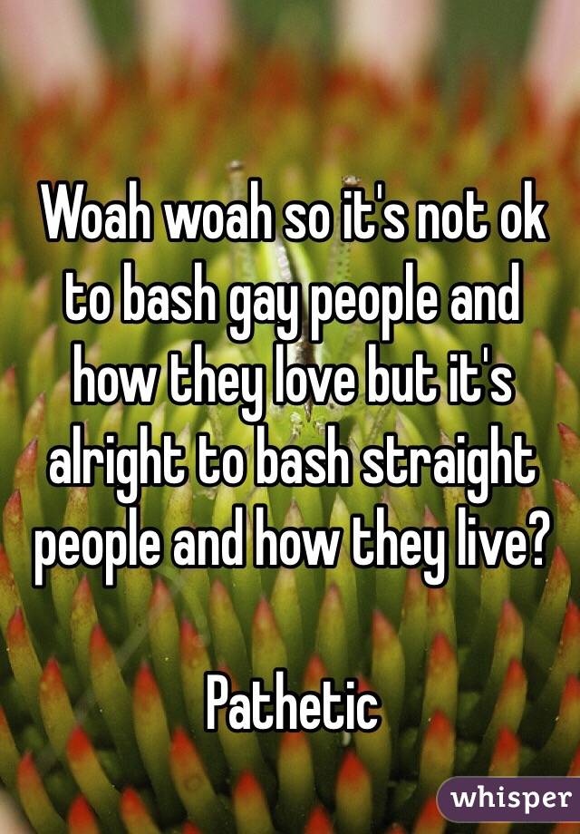 Woah woah so it's not ok to bash gay people and how they love but it's alright to bash straight people and how they live?

Pathetic
