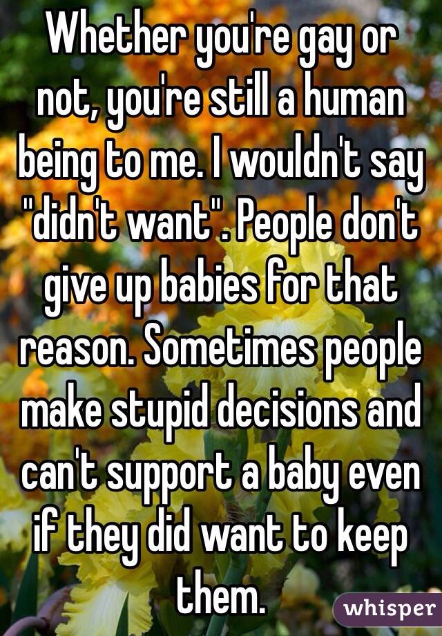 Whether you're gay or not, you're still a human being to me. I wouldn't say "didn't want". People don't give up babies for that reason. Sometimes people make stupid decisions and can't support a baby even if they did want to keep them. 