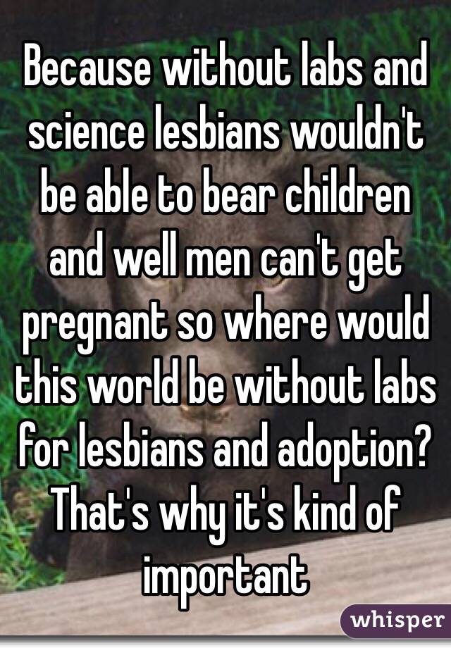 Because without labs and science lesbians wouldn't be able to bear children and well men can't get pregnant so where would this world be without labs for lesbians and adoption? That's why it's kind of important 