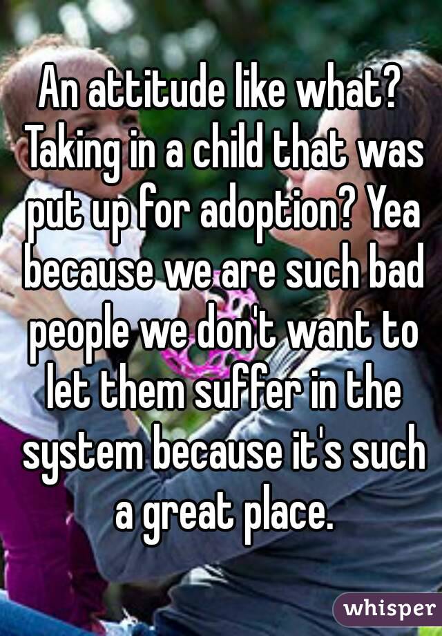 An attitude like what? Taking in a child that was put up for adoption? Yea because we are such bad people we don't want to let them suffer in the system because it's such a great place.