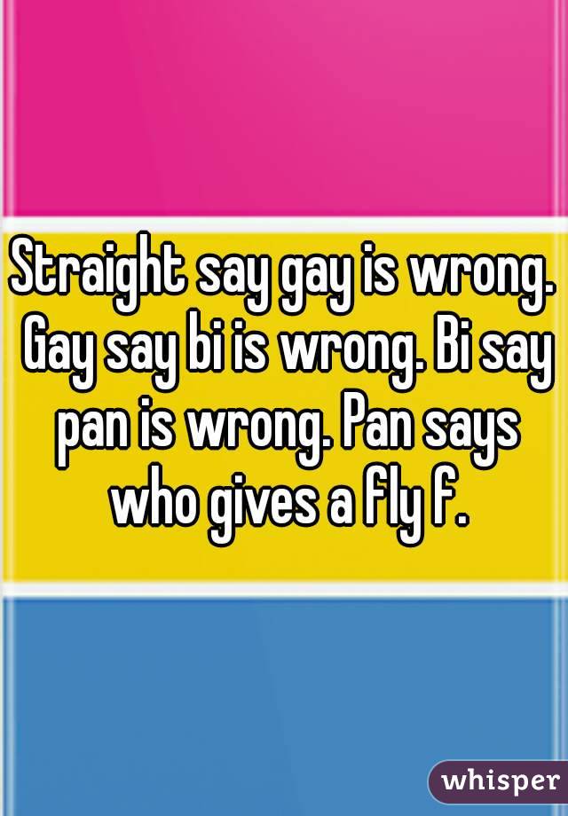 Straight say gay is wrong. Gay say bi is wrong. Bi say pan is wrong. Pan says who gives a fly f.