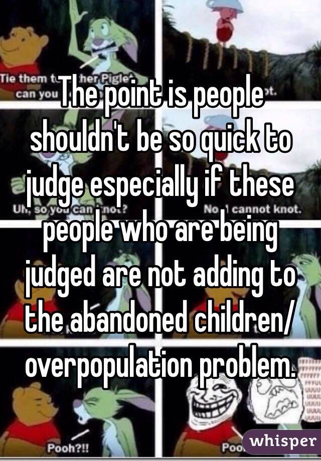 The point is people shouldn't be so quick to judge especially if these people who are being judged are not adding to the abandoned children/overpopulation problem.