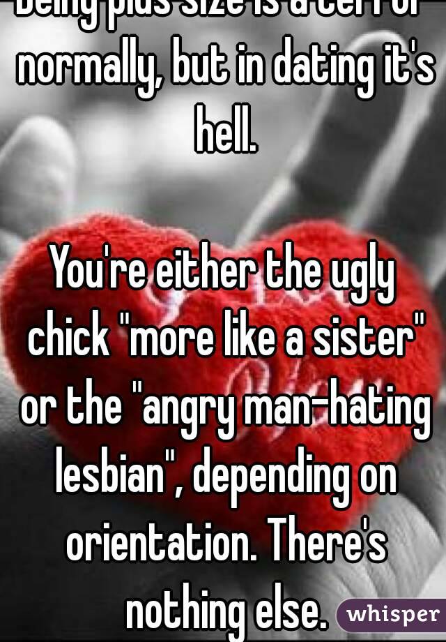 Being plus size is a terror normally, but in dating it's hell.

You're either the ugly chick "more like a sister" or the "angry man-hating lesbian", depending on orientation. There's nothing else.