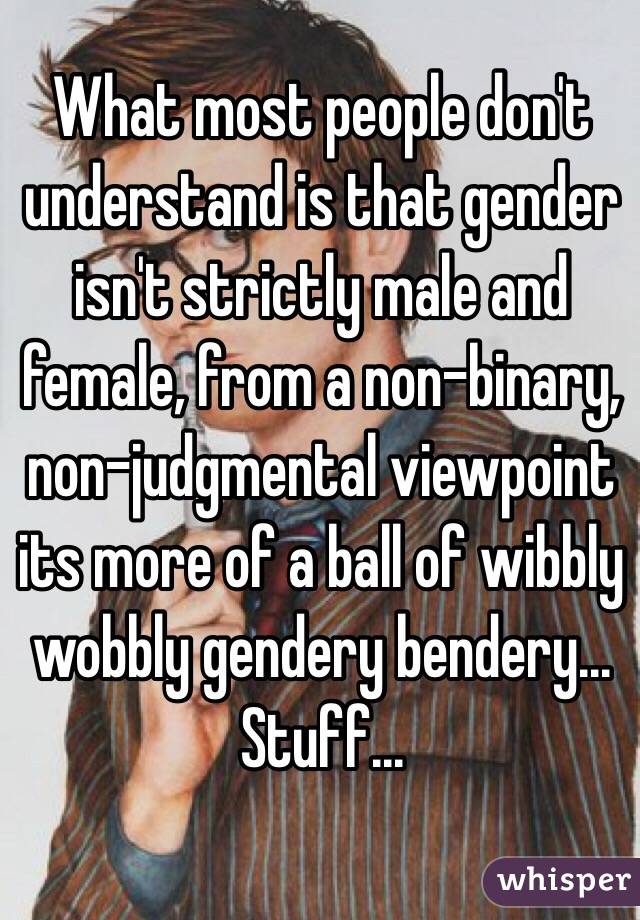 What most people don't understand is that gender isn't strictly male and female, from a non-binary, non-judgmental viewpoint its more of a ball of wibbly wobbly gendery bendery... Stuff...