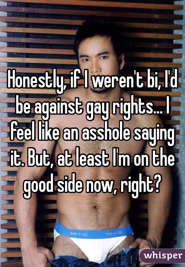 Honestly, if I weren't bi, I'd be against gay rights... I feel like an asshole saying it. But, at least I'm on the good side now, right?