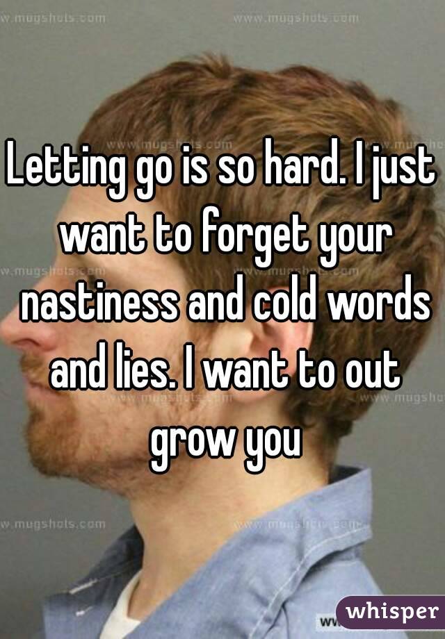Letting go is so hard. I just want to forget your nastiness and cold words and lies. I want to out grow you