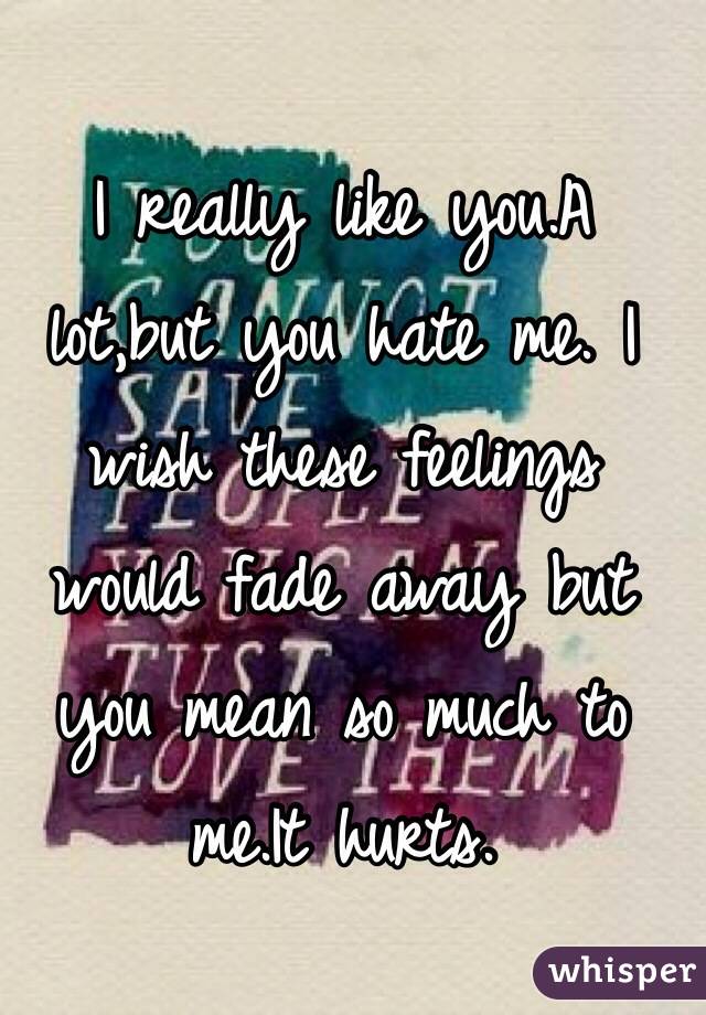 I really like you.A lot,but you hate me. I wish these feelings would fade away but you mean so much to me.It hurts.
