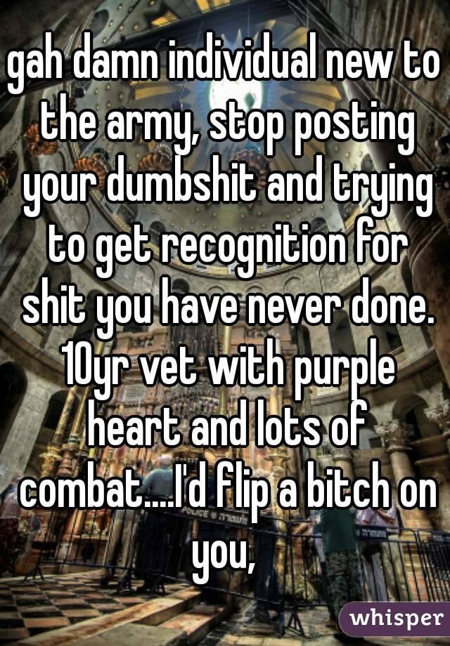 gah damn individual new to the army, stop posting your dumbshit and trying to get recognition for shit you have never done. 10yr vet with purple heart and lots of combat....I'd flip a bitch on you, 