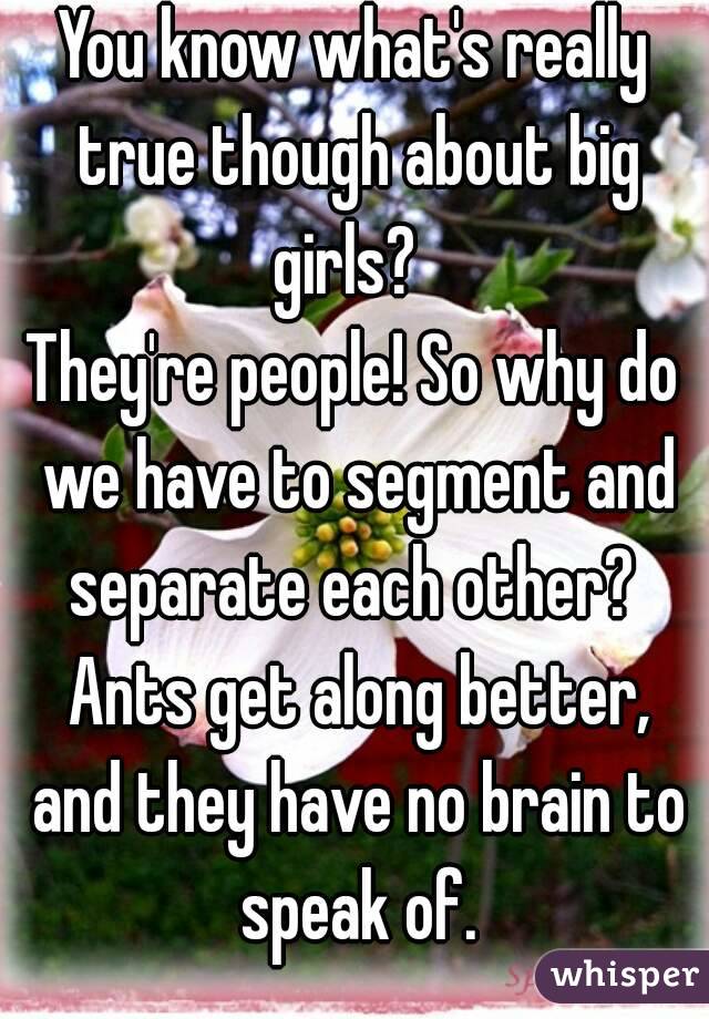 You know what's really true though about big girls?  
They're people! So why do we have to segment and separate each other?  Ants get along better, and they have no brain to speak of.