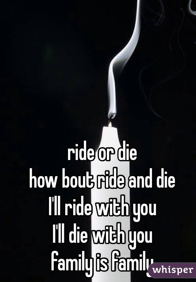 ride or die 
how bout ride and die
 I'll ride with you 
I'll die with you 
family is family