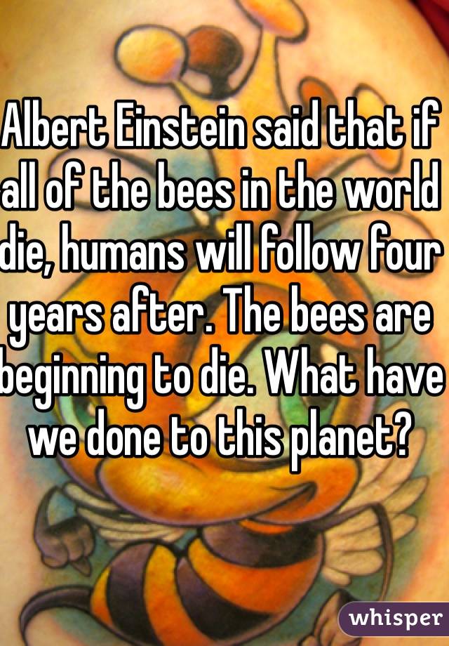 Albert Einstein said that if all of the bees in the world die, humans will follow four years after. The bees are beginning to die. What have we done to this planet?