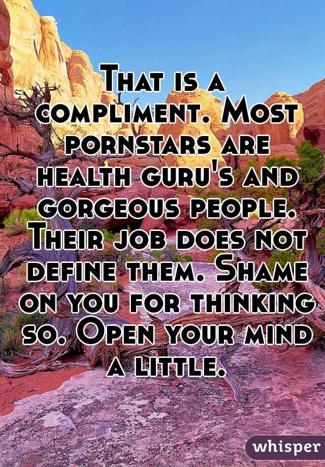 That is a compliment. Most pornstars are health guru's and gorgeous people. Their job does not define them. Shame on you for thinking so. Open your mind a little.