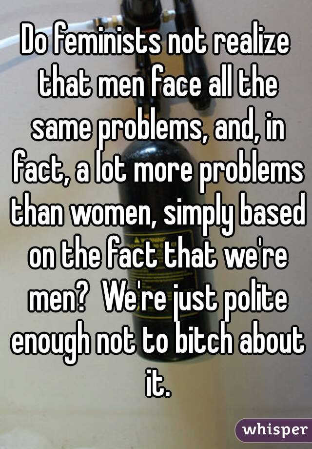 Do feminists not realize that men face all the same problems, and, in fact, a lot more problems than women, simply based on the fact that we're men?  We're just polite enough not to bitch about it.