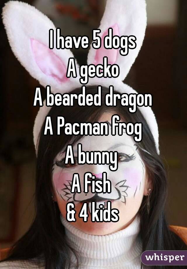I have 5 dogs
A gecko
A bearded dragon
A Pacman frog
A bunny 
A fish 
& 4 kids