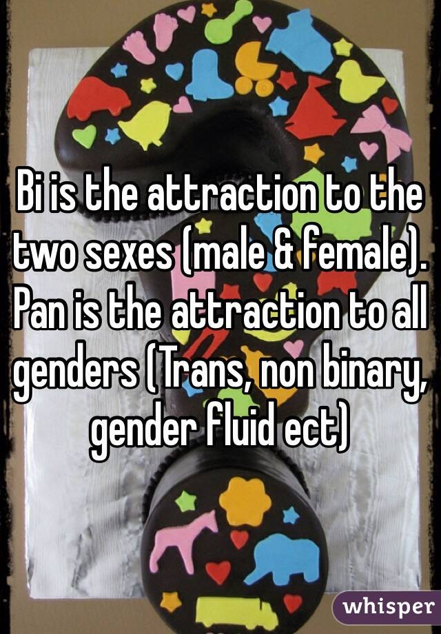 Bi is the attraction to the two sexes (male & female). Pan is the attraction to all genders (Trans, non binary, gender fluid ect) 