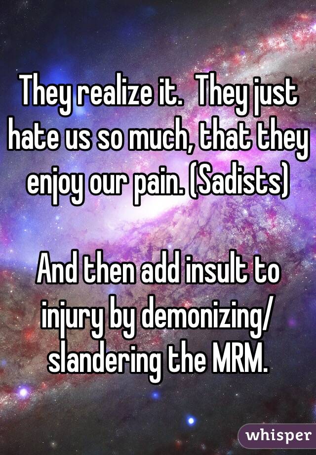 They realize it.  They just hate us so much, that they enjoy our pain. (Sadists)

And then add insult to injury by demonizing/slandering the MRM.