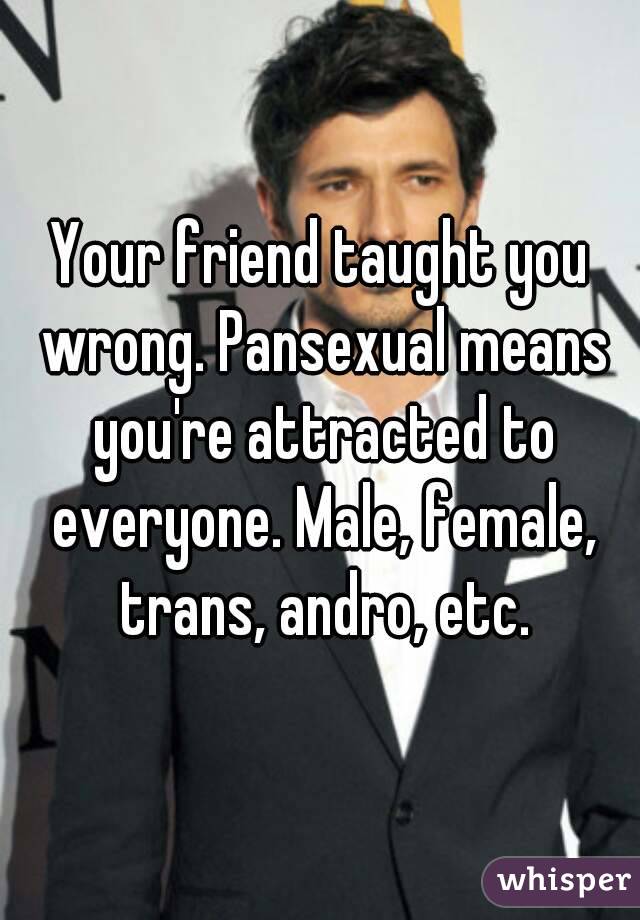 Your friend taught you wrong. Pansexual means you're attracted to everyone. Male, female, trans, andro, etc.