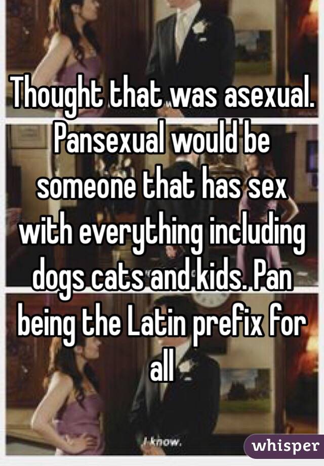 Thought that was asexual. Pansexual would be someone that has sex with everything including dogs cats and kids. Pan being the Latin prefix for all 