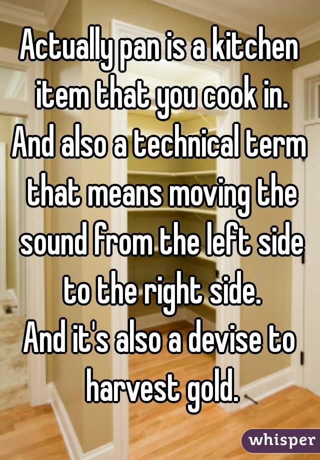 Actually pan is a kitchen item that you cook in.
And also a technical term that means moving the sound from the left side to the right side.
And it's also a devise to harvest gold.