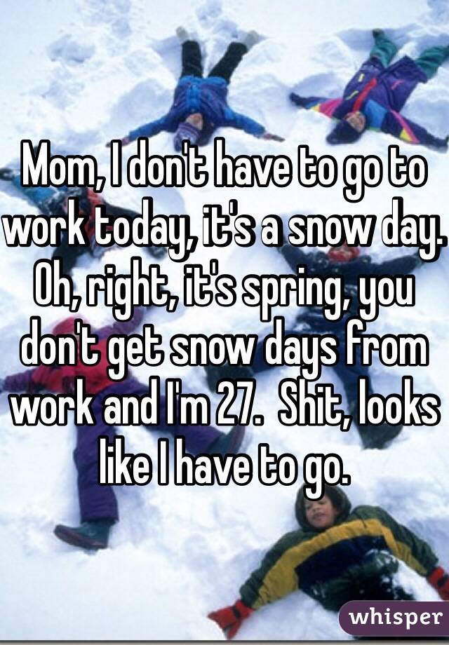 Mom, I don't have to go to work today, it's a snow day.  Oh, right, it's spring, you don't get snow days from work and I'm 27.  Shit, looks like I have to go.