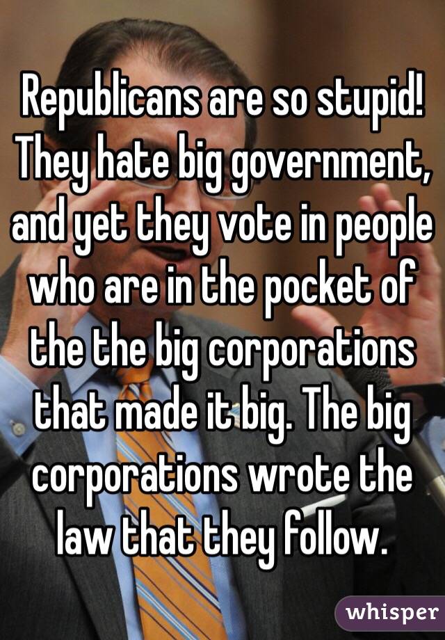Republicans are so stupid! They hate big government, and yet they vote in people who are in the pocket of the the big corporations that made it big. The big corporations wrote the law that they follow. 