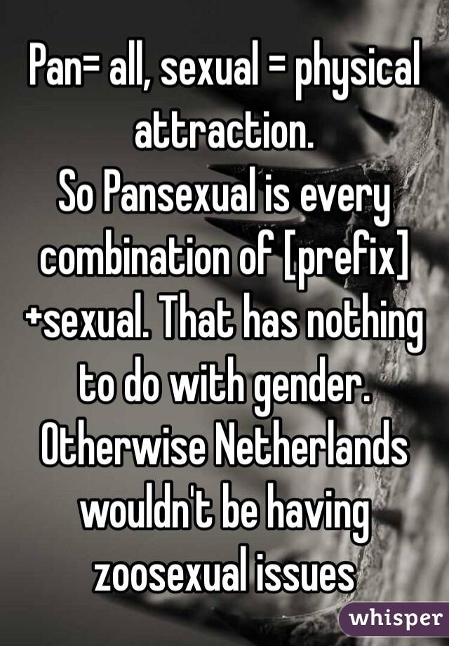 Pan= all, sexual = physical attraction.
So Pansexual is every combination of [prefix]+sexual. That has nothing to do with gender. Otherwise Netherlands wouldn't be having zoosexual issues