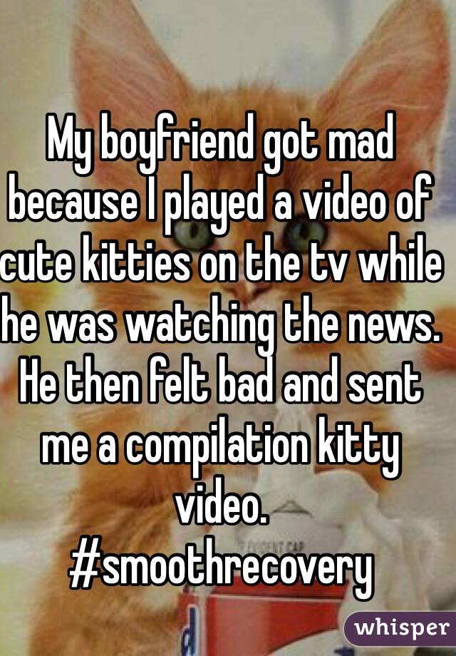 My boyfriend got mad because I played a video of cute kitties on the tv while he was watching the news. He then felt bad and sent me a compilation kitty video. 
#smoothrecovery
