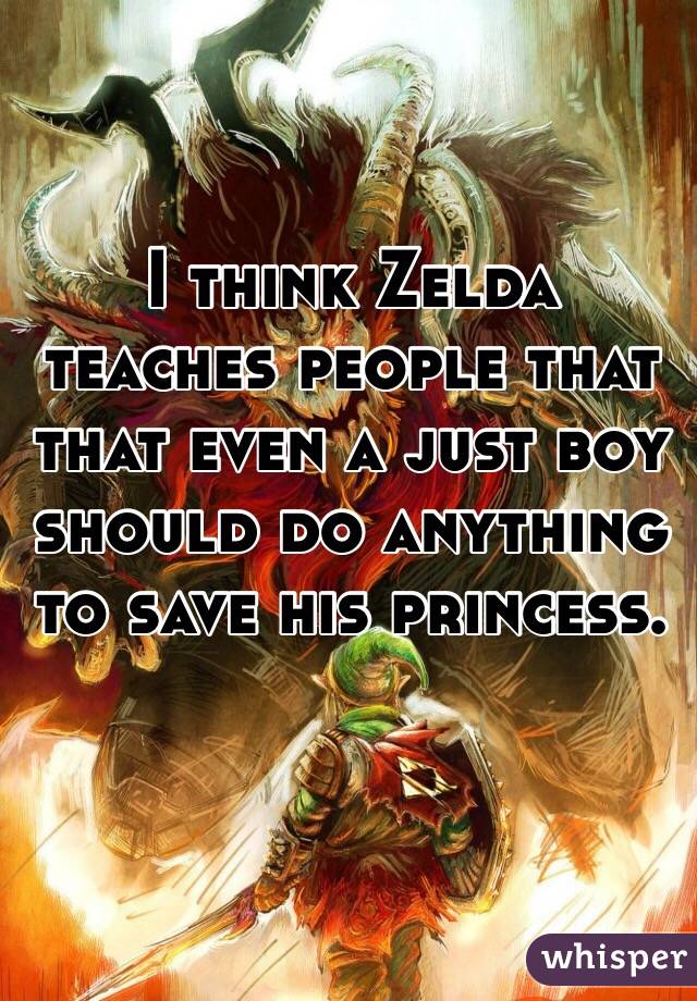 I think Zelda teaches people that  that even a just boy should do anything to save his princess. 