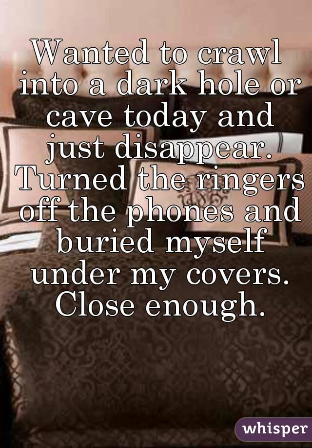 Wanted to crawl into a dark hole or cave today and just disappear. Turned the ringers off the phones and buried myself under my covers. Close enough.