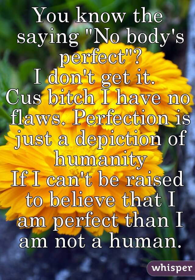 You know the saying "No body's perfect"?
I don't get it. 
Cus bitch I have no flaws. Perfection is just a depiction of humanity
If I can't be raised to believe that I am perfect than I am not a human.