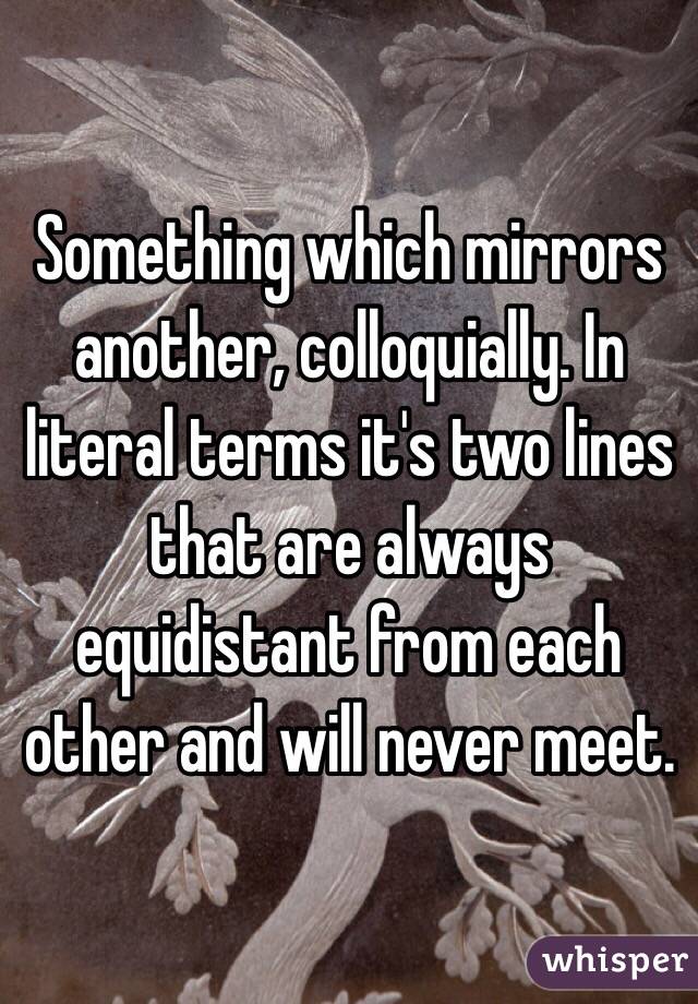 Something which mirrors another, colloquially. In literal terms it's two lines that are always equidistant from each other and will never meet. 