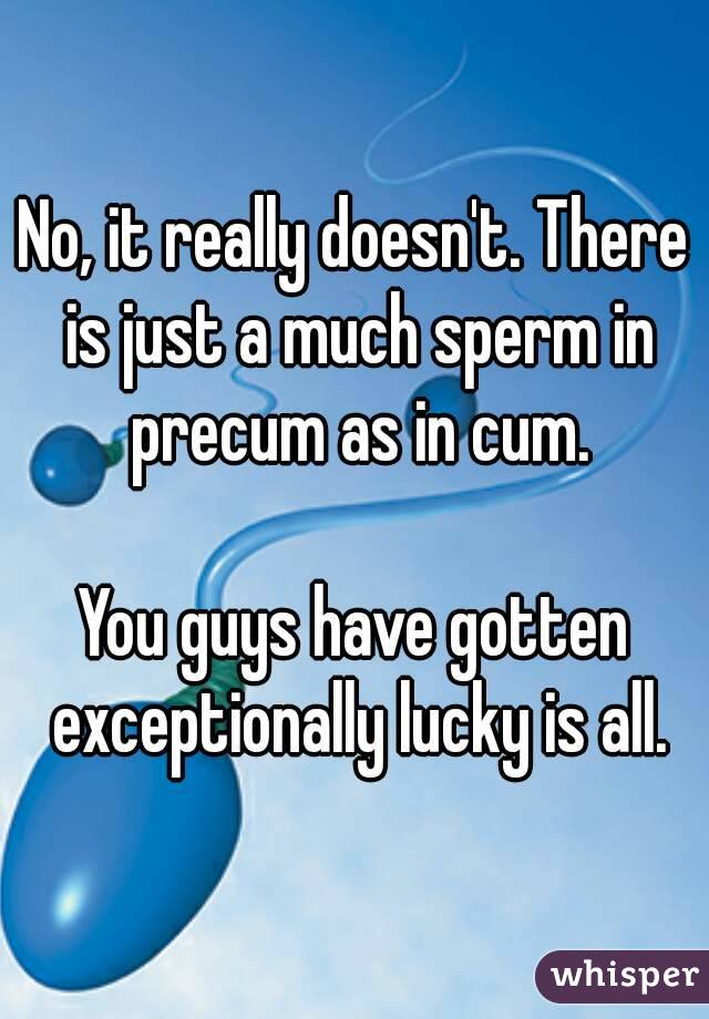 No, it really doesn't. There is just a much sperm in precum as in cum.

You guys have gotten exceptionally lucky is all.