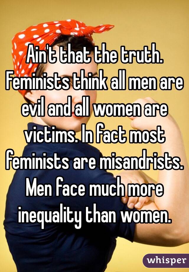 Ain't that the truth. Feminists think all men are evil and all women are victims. In fact most feminists are misandrists. Men face much more inequality than women. 