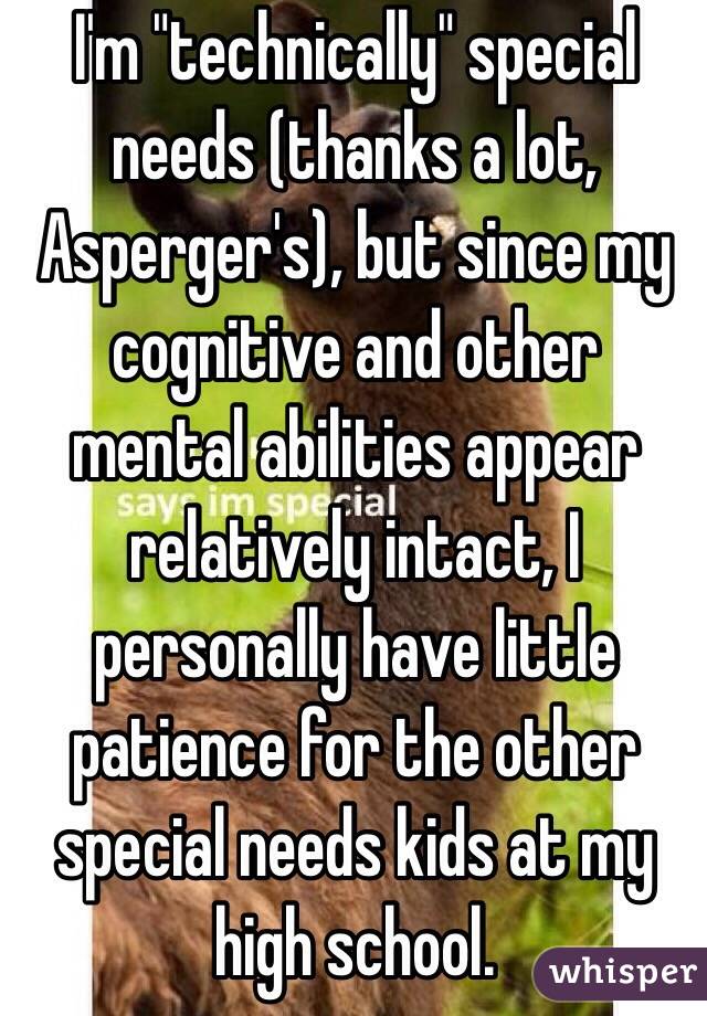 I'm "technically" special needs (thanks a lot, Asperger's), but since my cognitive and other mental abilities appear relatively intact, I personally have little patience for the other special needs kids at my high school.