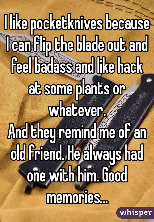 I like pocketknives because I can flip the blade out and feel badass and like hack at some plants or whatever.
And they remind me of an old friend. He always had one with him. Good memories...