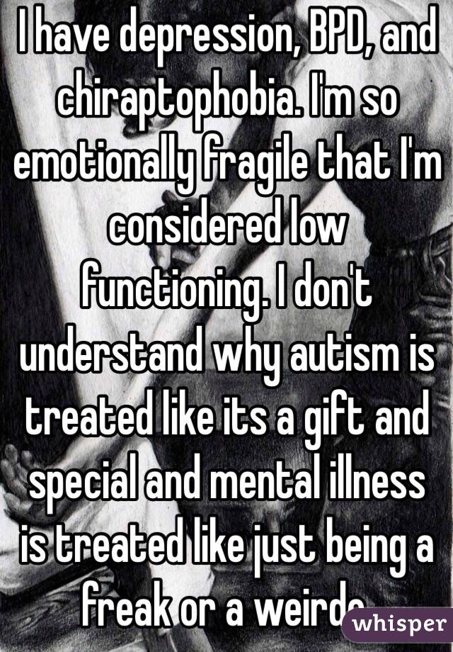 I have depression, BPD, and chiraptophobia. I'm so emotionally fragile that I'm considered low functioning. I don't understand why autism is treated like its a gift and special and mental illness is treated like just being a freak or a weirdo. 
