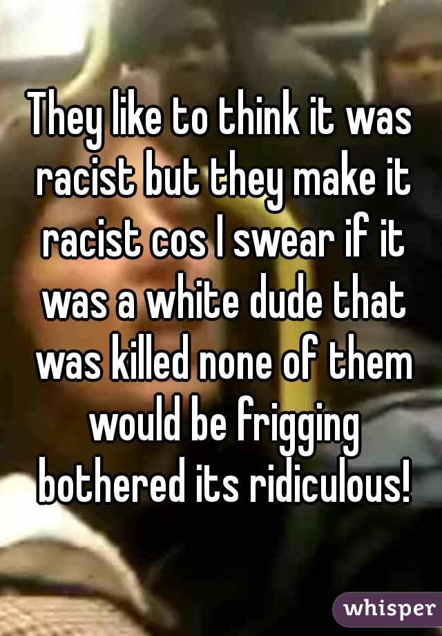 They like to think it was racist but they make it racist cos I swear if it was a white dude that was killed none of them would be frigging bothered its ridiculous!