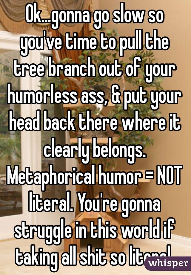 Ok...gonna go slow so you've time to pull the tree branch out of your humorless ass, & put your head back there where it clearly belongs. Metaphorical humor = NOT literal. You're gonna struggle in this world if taking all shit so literal. 