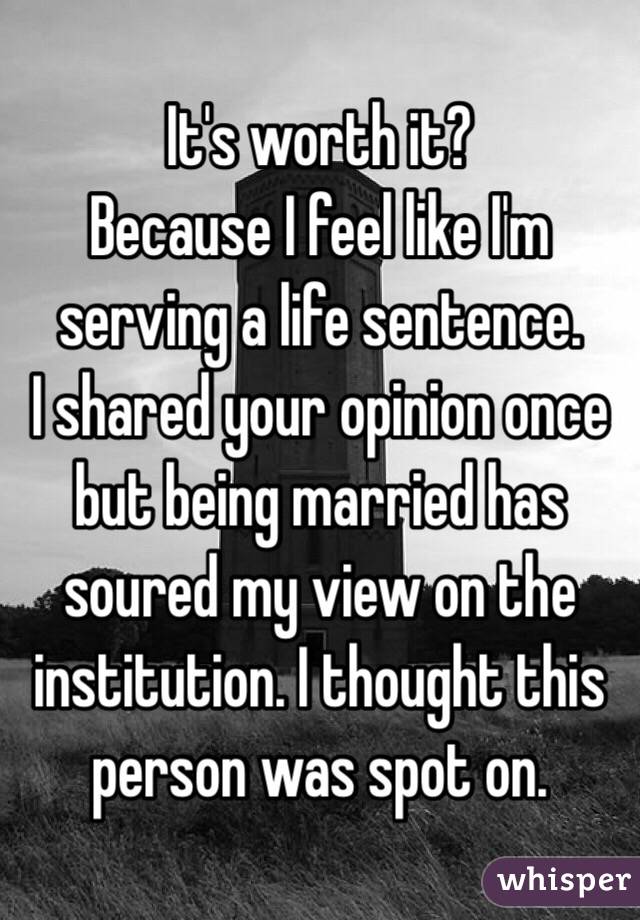 It's worth it?
Because I feel like I'm serving a life sentence. 
I shared your opinion once but being married has soured my view on the institution. I thought this person was spot on. 