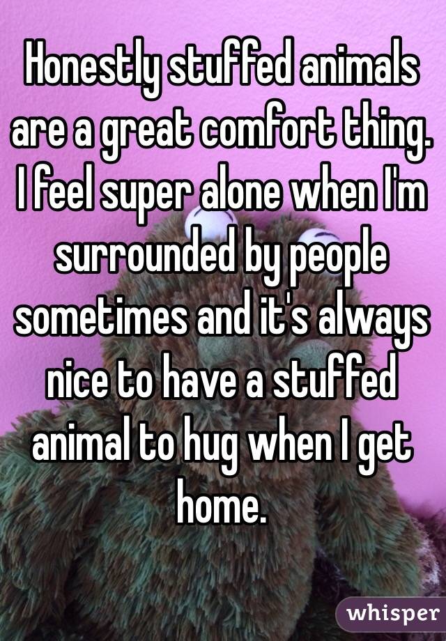Honestly stuffed animals are a great comfort thing. I feel super alone when I'm surrounded by people sometimes and it's always nice to have a stuffed animal to hug when I get home.