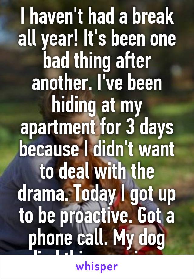 I haven't had a break all year! It's been one bad thing after another. I've been hiding at my apartment for 3 days because I didn't want to deal with the drama. Today I got up to be proactive. Got a phone call. My dog died this morning. 