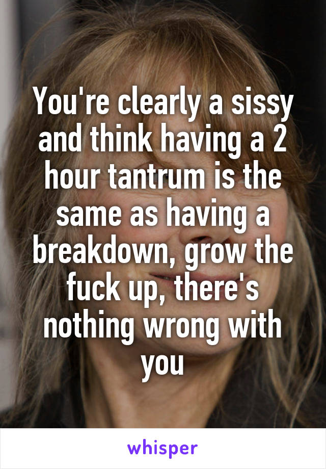 You're clearly a sissy and think having a 2 hour tantrum is the same as having a breakdown, grow the fuck up, there's nothing wrong with you