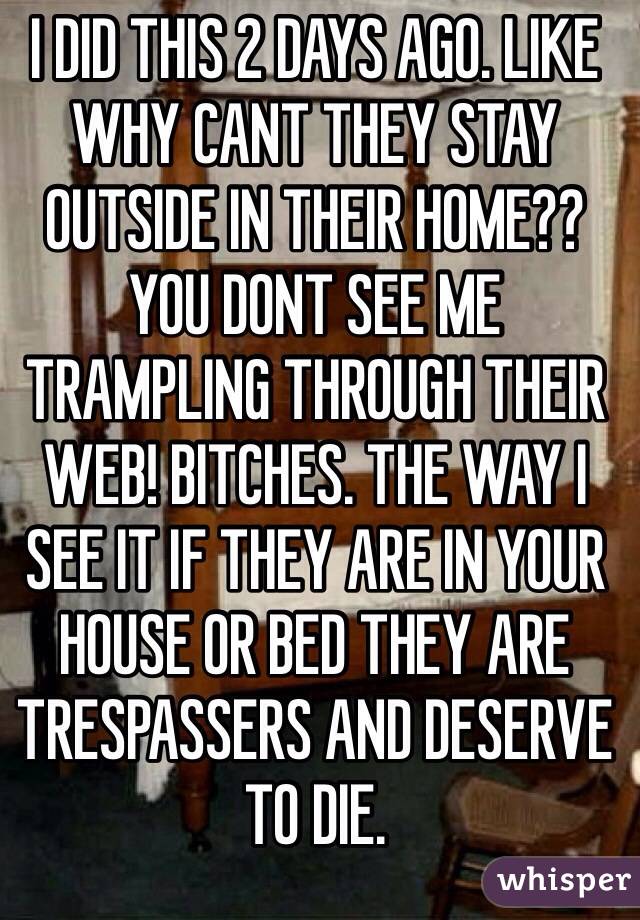 I DID THIS 2 DAYS AGO. LIKE WHY CANT THEY STAY OUTSIDE IN THEIR HOME?? YOU DONT SEE ME TRAMPLING THROUGH THEIR WEB! BITCHES. THE WAY I SEE IT IF THEY ARE IN YOUR HOUSE OR BED THEY ARE TRESPASSERS AND DESERVE TO DIE.   