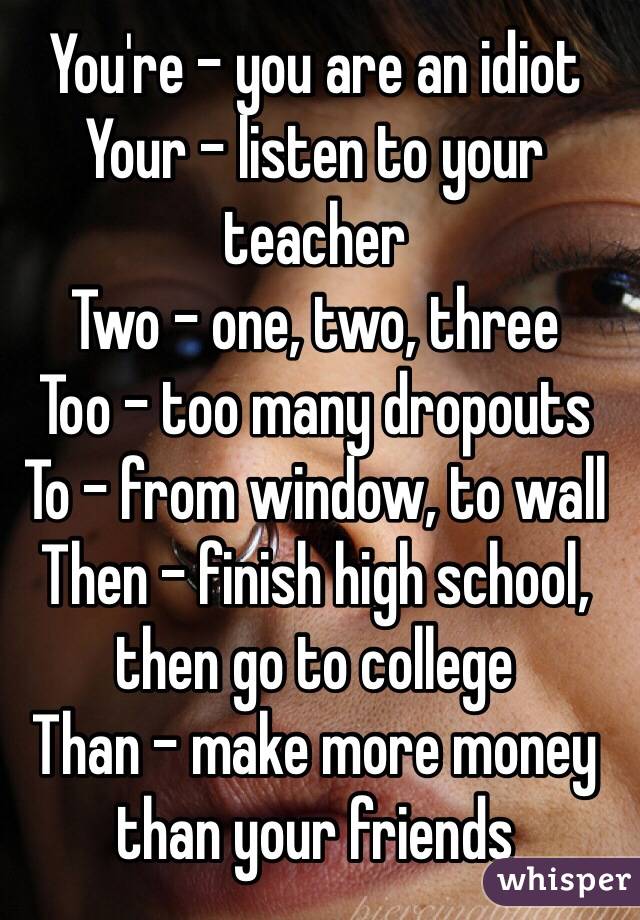 You're - you are an idiot
Your - listen to your teacher 
Two - one, two, three 
Too - too many dropouts
To - from window, to wall  
Then - finish high school, then go to college 
Than - make more money than your friends 