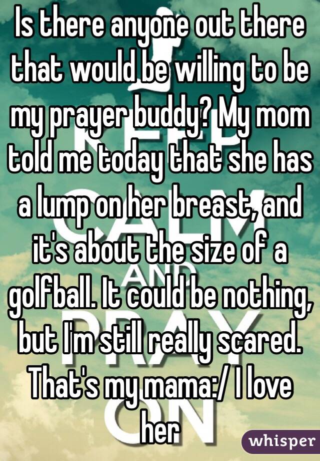 Is there anyone out there that would be willing to be my prayer buddy? My mom told me today that she has a lump on her breast, and it's about the size of a golfball. It could be nothing, but I'm still really scared. That's my mama:/ I love her