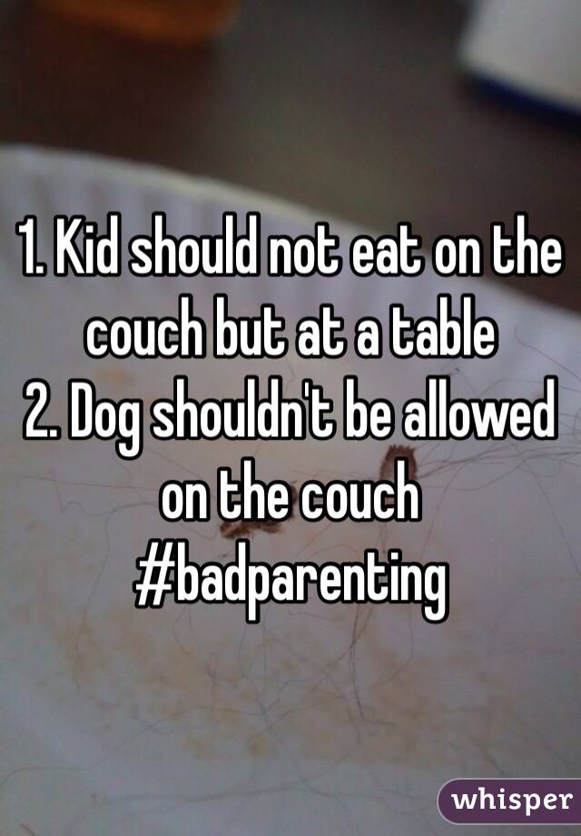 1. Kid should not eat on the couch but at a table
2. Dog shouldn't be allowed on the couch
#badparenting