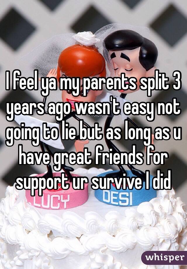 I feel ya my parents split 3 years ago wasn't easy not going to lie but as long as u have great friends for support ur survive I did 