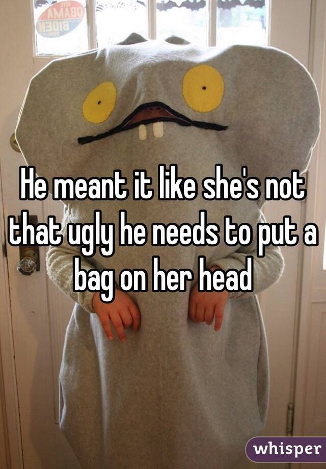 He meant it like she's not that ugly he needs to put a bag on her head 