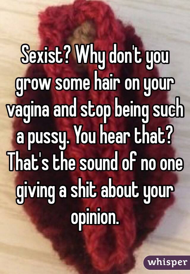 Sexist? Why don't you grow some hair on your vagina and stop being such a pussy. You hear that? That's the sound of no one giving a shit about your opinion. 