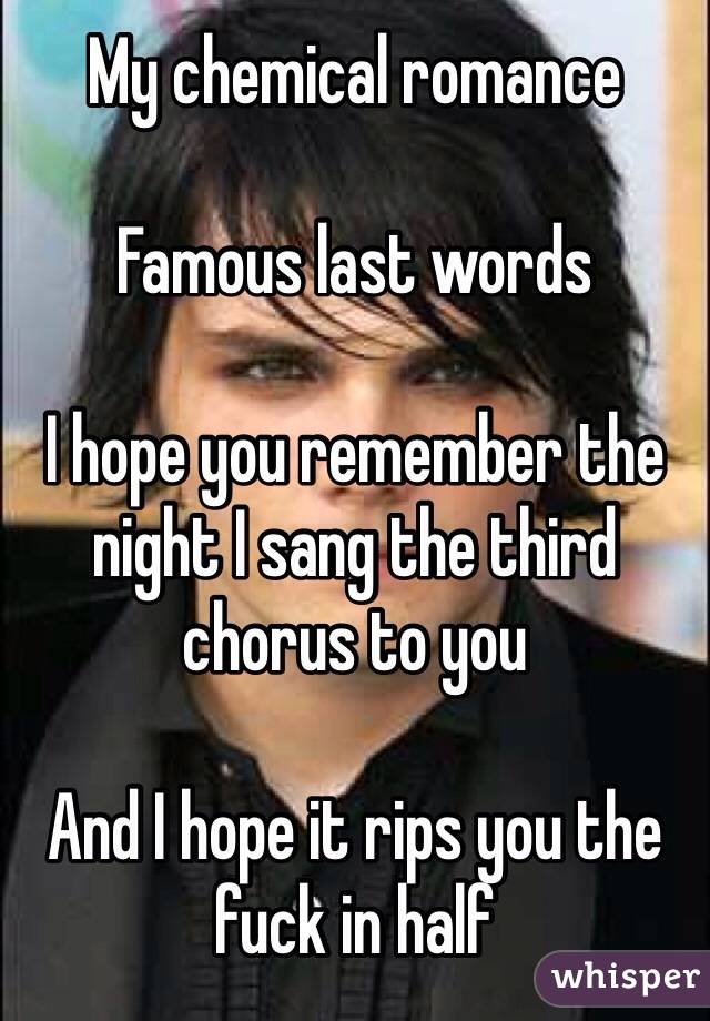 My chemical romance

Famous last words

I hope you remember the night I sang the third chorus to you

And I hope it rips you the fuck in half